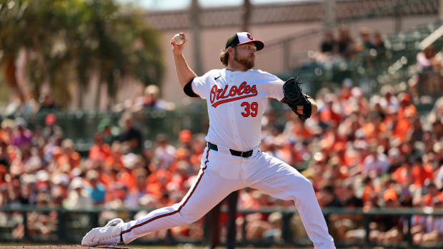 Feb 24, 2024; Sarasota, Florida, USA; Baltimore Orioles starting pitcher Corbin Burnes (39) throws a pitch during the first inning against the Boston Red Sox at Ed Smith Stadium.